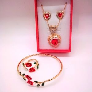 Jewelry set. Necklace, bracelet, earrings and ring. Red
